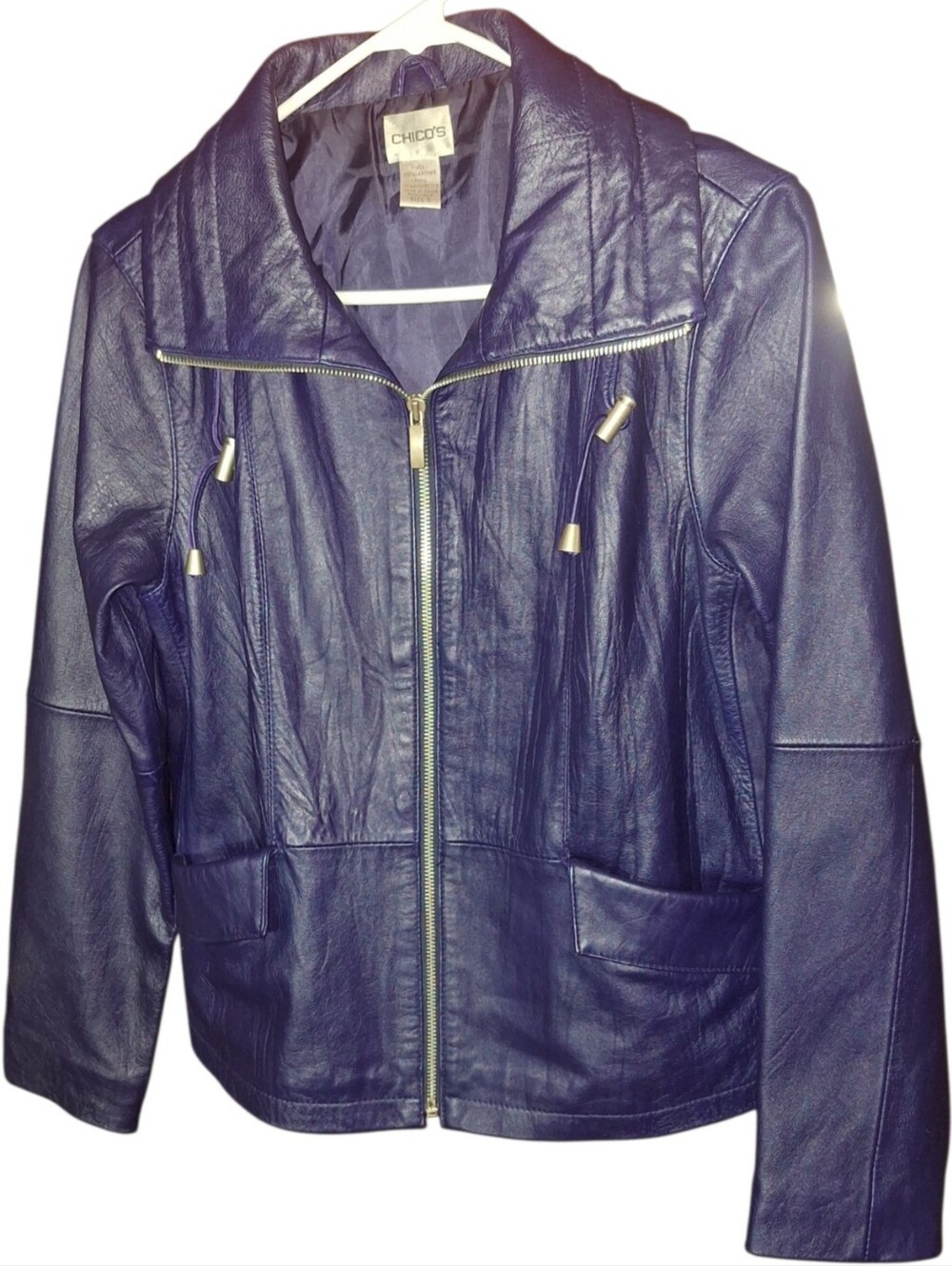 Chicos Womens Genuine Leather Jacket Navy Blue Indigo Full Zip Sz 0 Small Moto